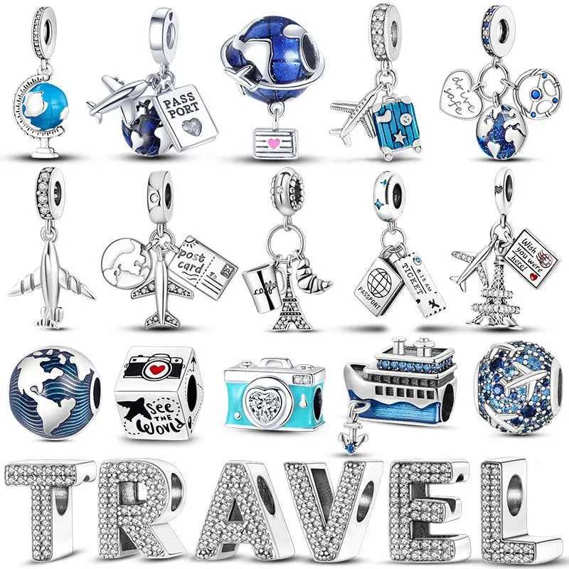 Charm 925 Silver Travel Airplane Earth Beads Pendant Fit Original Bracelet DIY Fine Jewelry Charms XJ250607