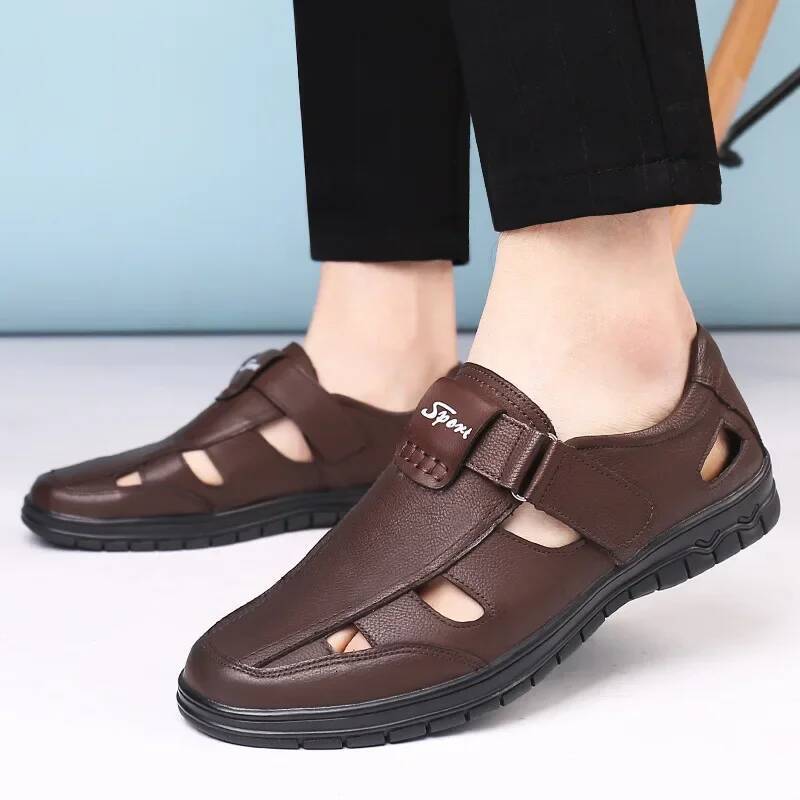 Ddmyoutdoor Summer Genuine Breathable Hollow Out Classic Mens Flat Sandals Solid Rubber Leather Male Casual Outdoor Shoes