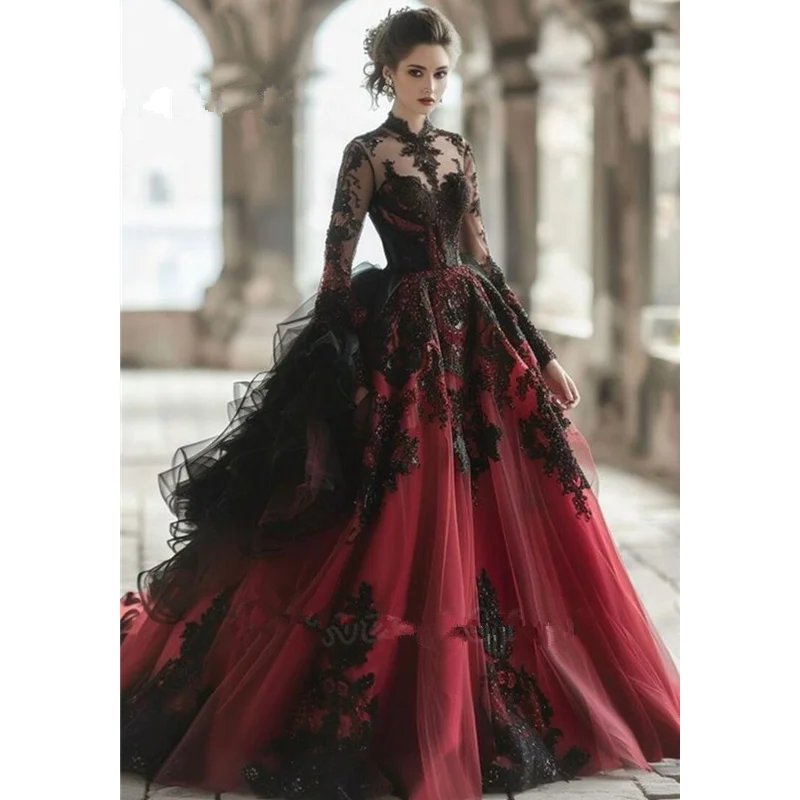 Gothic Black Burgundy Wedding Dreses Ruffles Flare Long Sleeves victorian corset Princess Bridal Gowns Court Train Customized