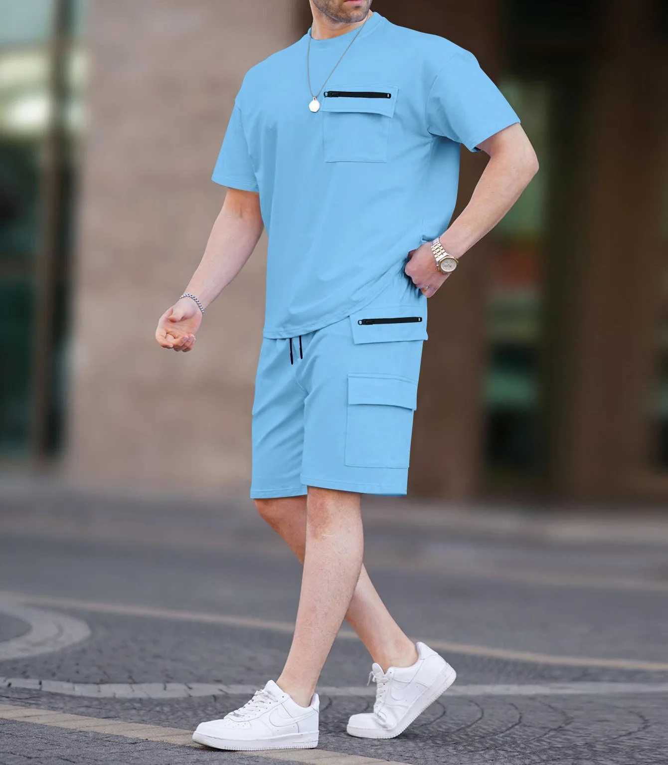 Summer New Mens Casual Solid Color Short Sleeved Round Neck T-shirt and Shorts Set Multi Pocket Fashionable Commuting 2-Pc Set W250609