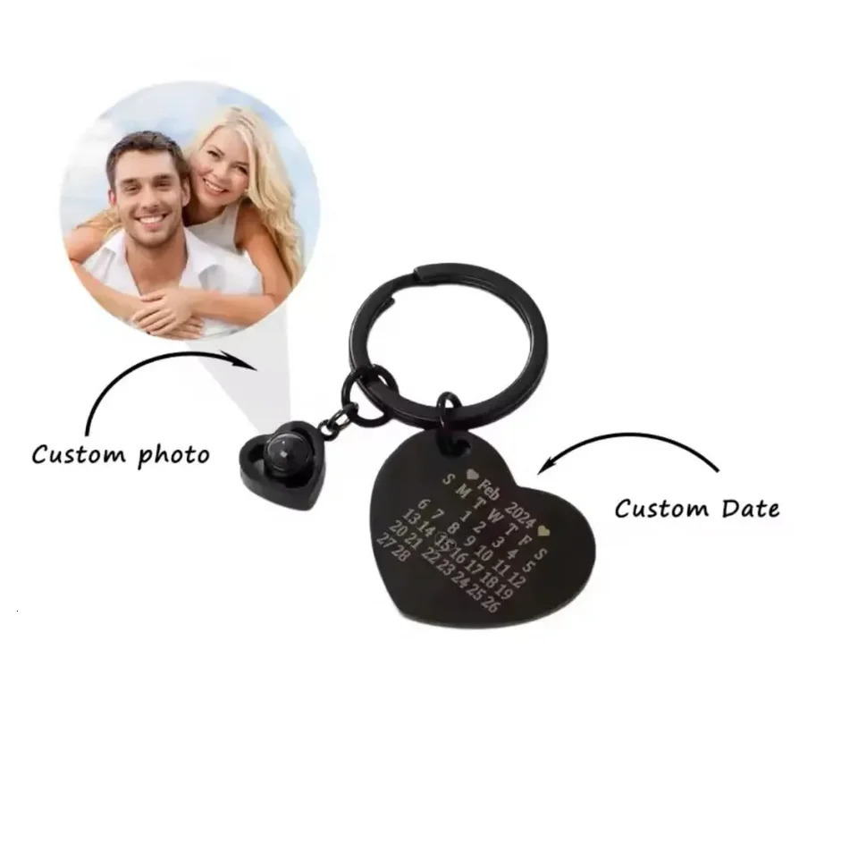 Heart Custom Picture KeyChain Projection Personalized Calendar Engraved Date Name Customized Po Jewelry Car House Stainnless 250530
