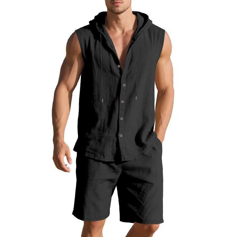 2025 Summer European and American Men Leisure Set Loose Linen Leisure Simple Hooded Sleeveless Shirt Shorts Two-Piece Suit W250609