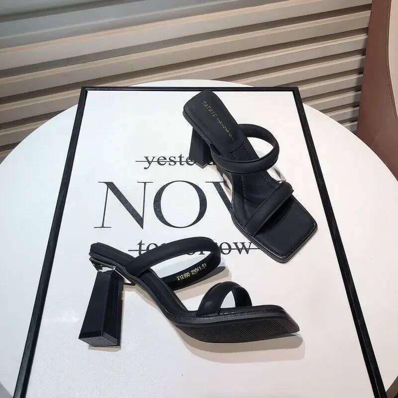 High-Heeled Shoes Lady Square heel' Slides Block 2025 Summer Soft Designer Flat Rubber Fabr