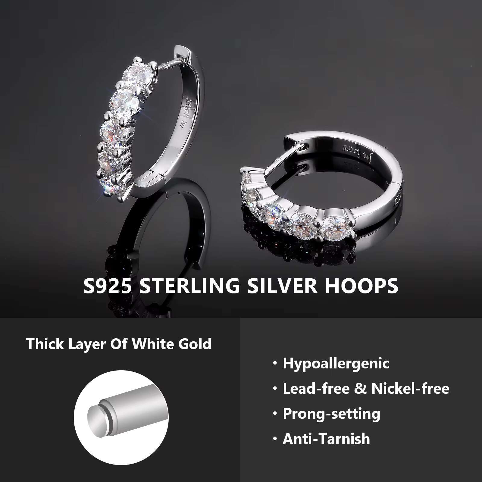 2.0ct D Color VVS1 Brilliant Round Cut Moissanite Lab Grown Diamond 925 Sterling Silver Huggie Hoops Earring for Women Men