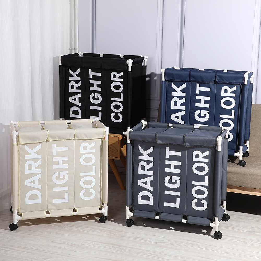 Large capacity three grid wheeled movable dirty clothes basket