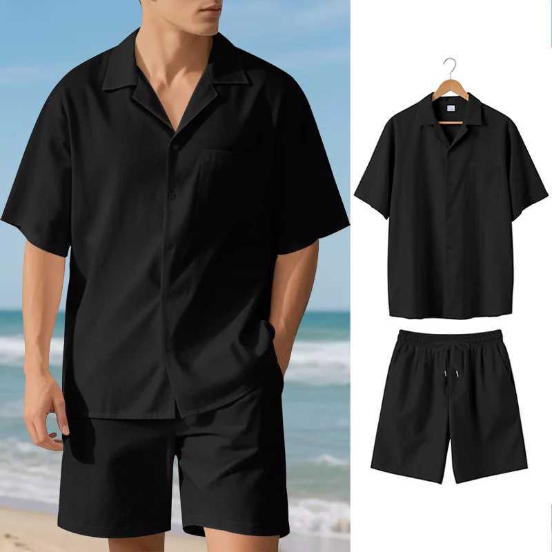 Ice silk cotton linen breathable beachwear for men light luxury casual vacation style set trendy short sleeved plus loose shorts W250609