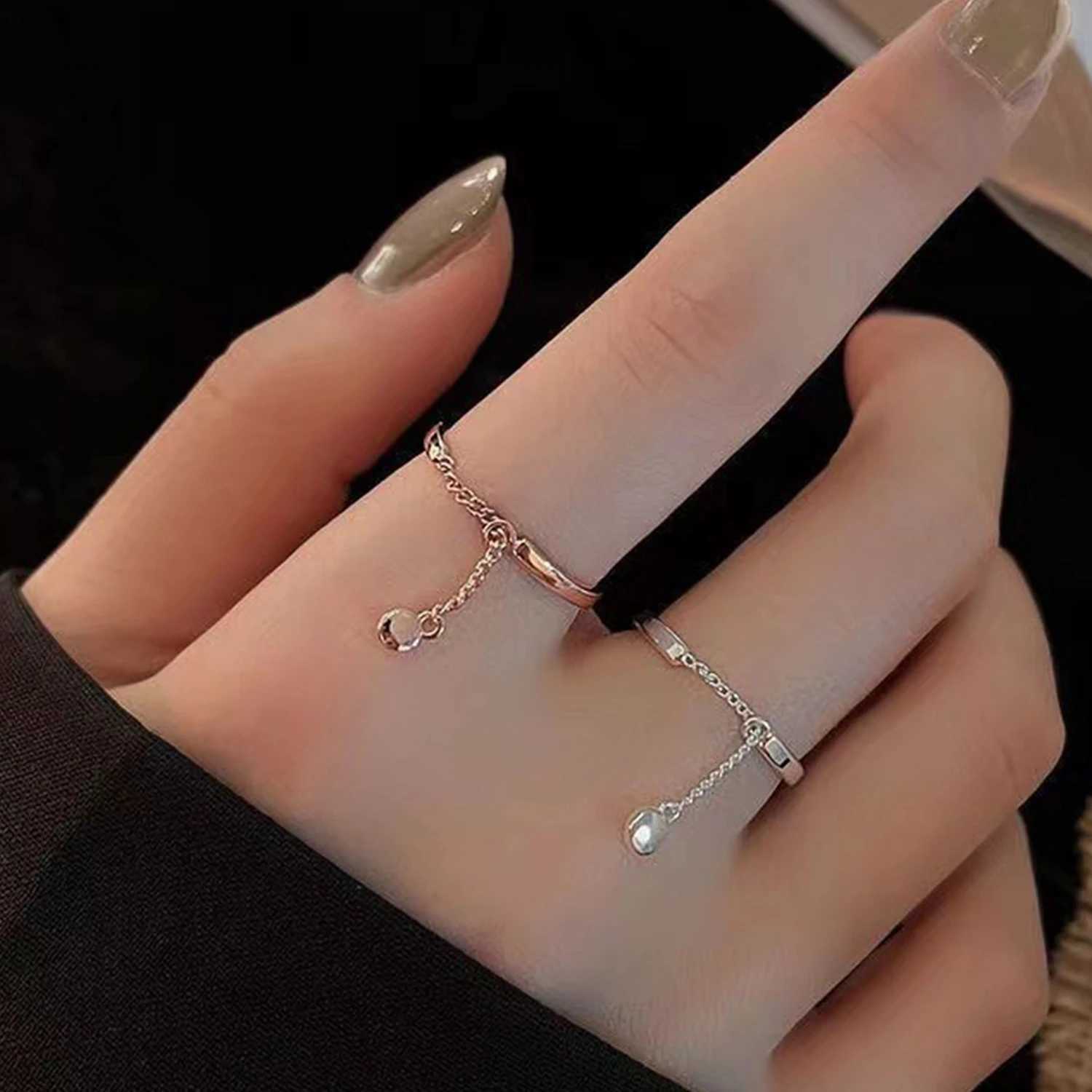 Korean Tassel Beads Pendant Rings Silver Color Simple Chain Beaded Rings for Women Girl Finger Open Ring Jewelry Party W250606