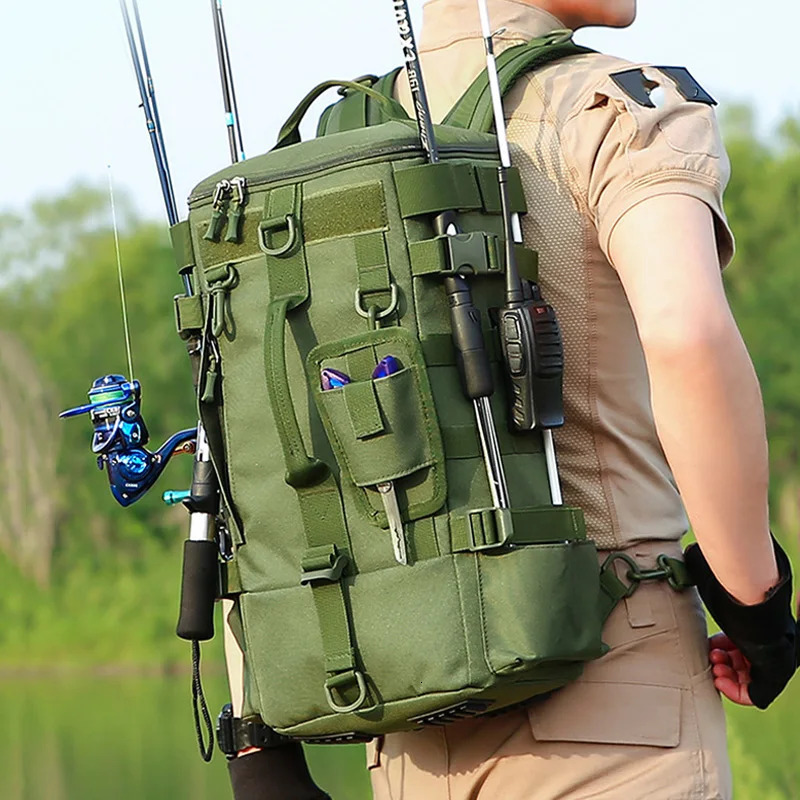 Tactical Fishing Backpack Tackle Bag with Rod Holders Fish Equipment Storage Molle Camping Hiking Outdoor Multifunctional Bag 250603