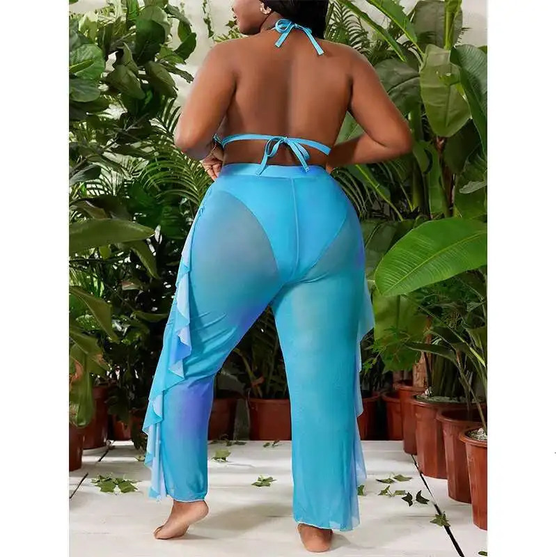 Color Solid Plus Size Split Swimsuit Womens Bikini Three Piece Set Sexy Gathering Pants Casual Y2k 250603