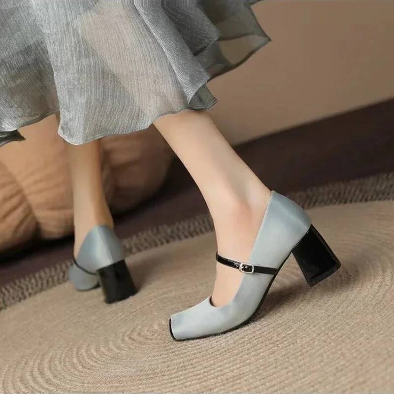 ddmyoutdoor Women Spring Mary Jane Autumn Fashion Toe Shallow Ladies Elegant Dress Single Leather Shoes Square Heel Pump Outdoor Outdoor Shoes