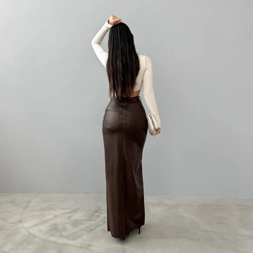 European And American Style Fashionable PU Leather Solid Color Splicing Sense High Waist Slit Slim Fit Long Skirt 250605