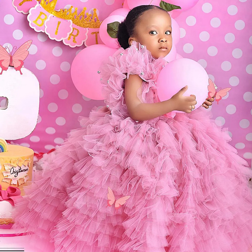 Pink Flower Girl Dresses Jewel Tiered Tulle Pleated Ruffles Appliqued Lace Flowergirl Dresses Princess Queen Little Kids Birthday Party Dress for Marr