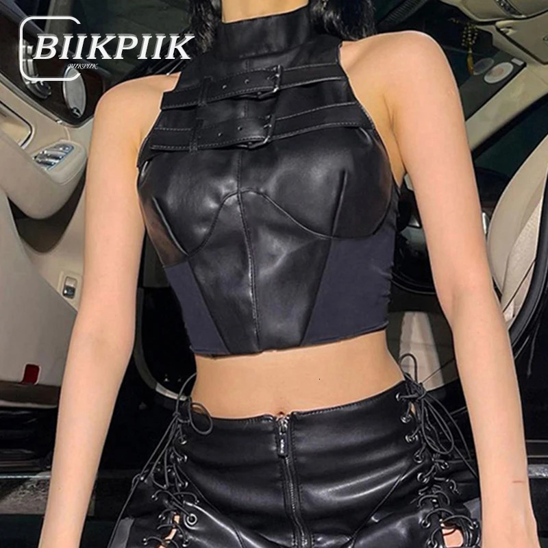 BIIKPIIK Moto biker Leather Tank Top For Women Streetwear Sleeveless Crop Punk Dark Patchwork Oneck PU Vests Vintage Trendy 250527