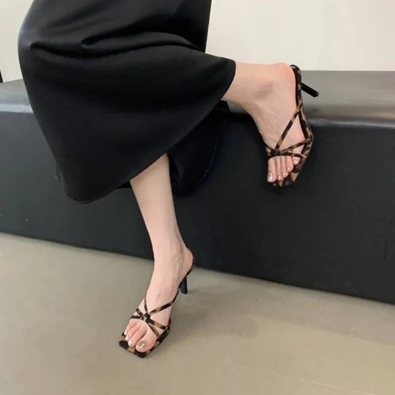 Summer sexy leopard print thin heel sandals suede T-shaped strap open-toe slippers fashion women's shoes large size 42