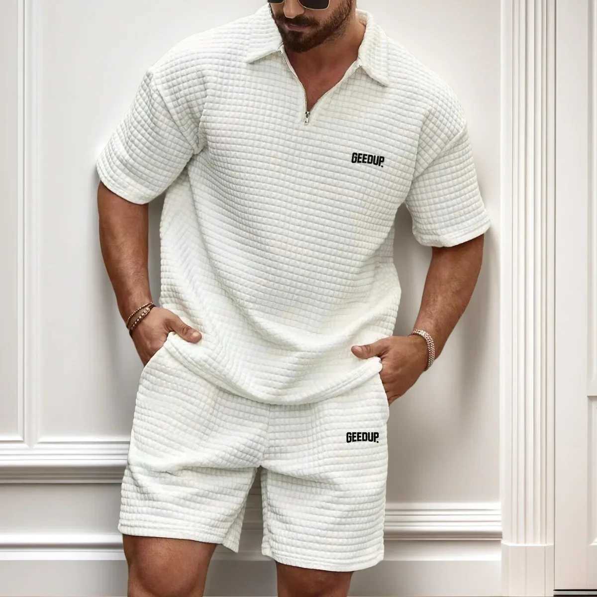 New Mens Casual Fashionable and Comfortable Waffle Checkered Letter Lapel Sportswear Set Spring and Summer Two-Piece Set W250609