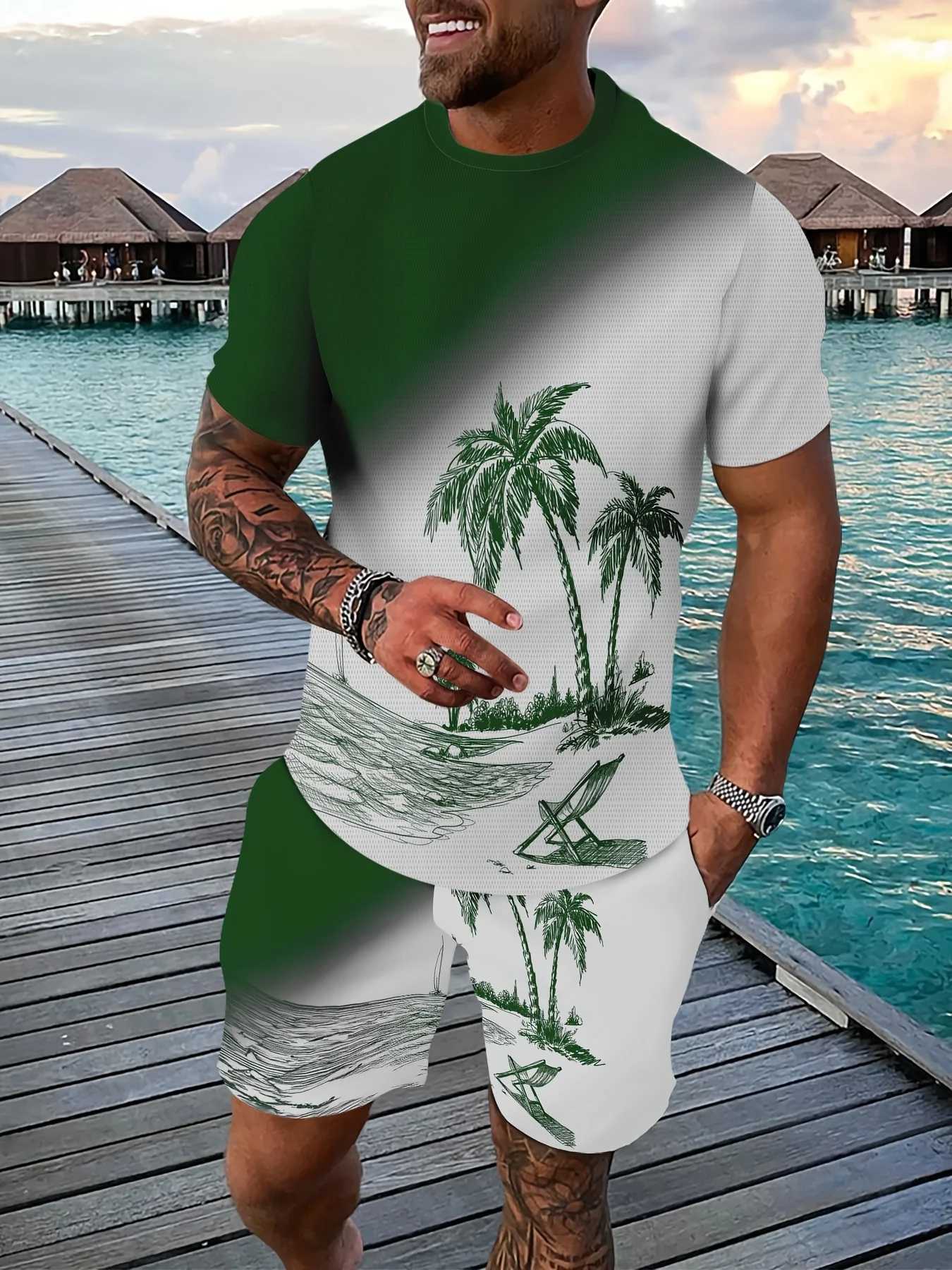 Hawaiian Style 3D Printed Mens T-shirt And Shorts Set Summer Everyday Mens Short Sleeves Outdoor Beach Mens Casual Shorts W250609