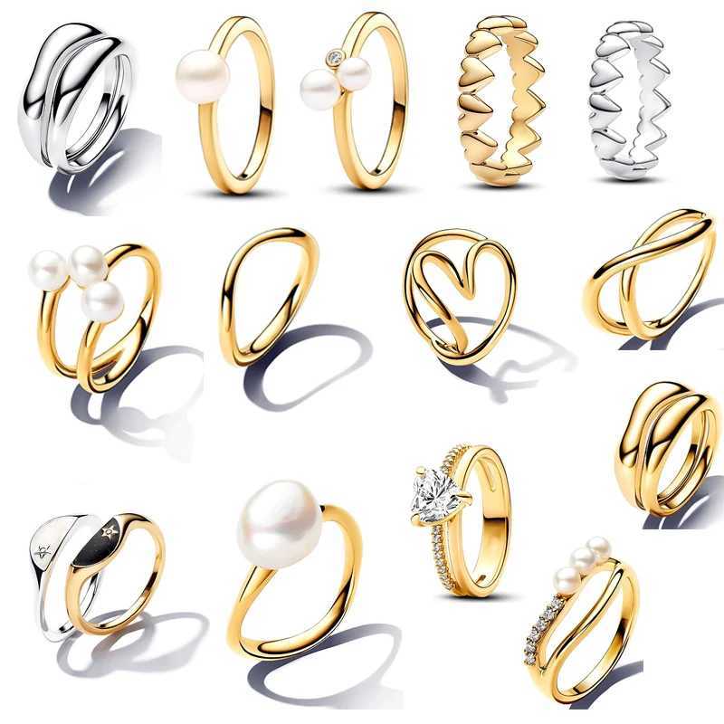 New 925 Sterling Silver Sparkling Golden Ring Love Zircon Pearl Black And White Stars Two Piece Set Charm Rings Jewelry Gift XJ250606