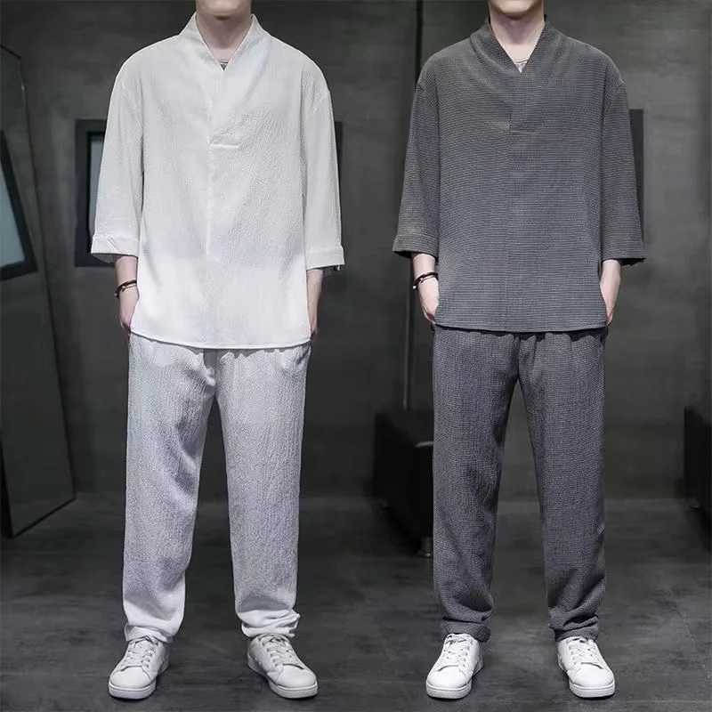 2024 Yaz Yeni Erkek in Tarz Buz pek Vintage Hanfu Tirt ve pantolon seti bol ve nefis rahat iki para set W250609