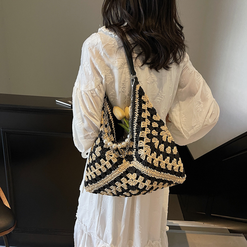 designer Woven Bag Beach 2025 Handmade Straw Hollow Bag Square Flower Triangle Color-Block Woven Shoulder Tote Handbag