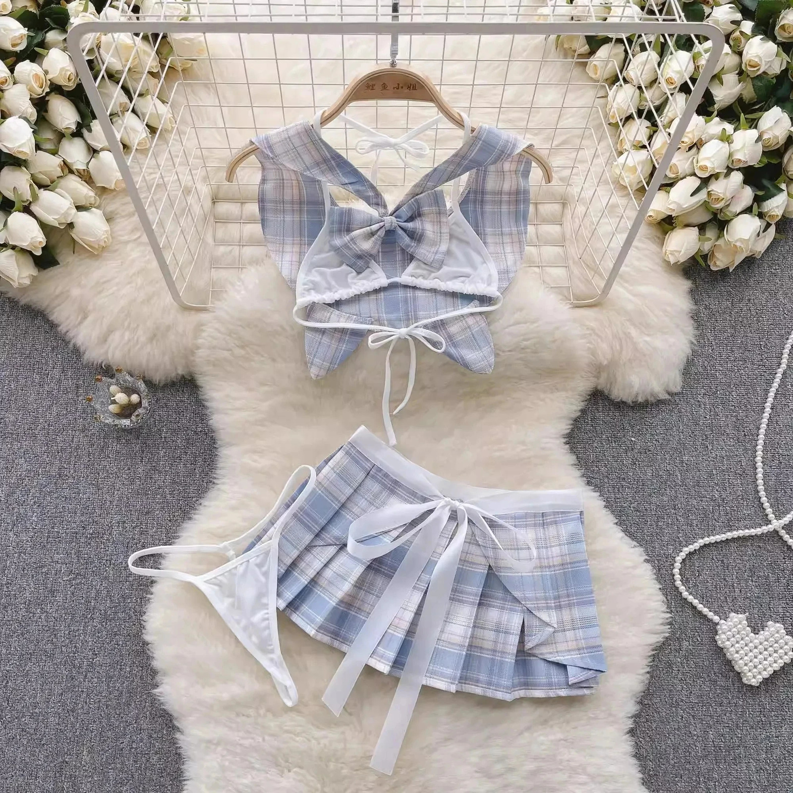 Japan JK Plaid Pleated Skirt Set V-Neck Crop Top Lace Up Short Skirt Sexy Pajama Set Ladys Pink Sleepwear Erotic Lingerie Sets 250603