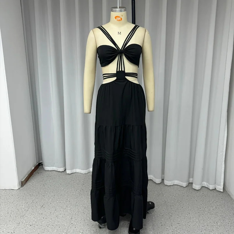 Wefads Women Long Dresses Summer Fashion Sexy Solid Strap Sleeveless Backless Lace Up Hollow Out Pleated Beach Party Dress 250605