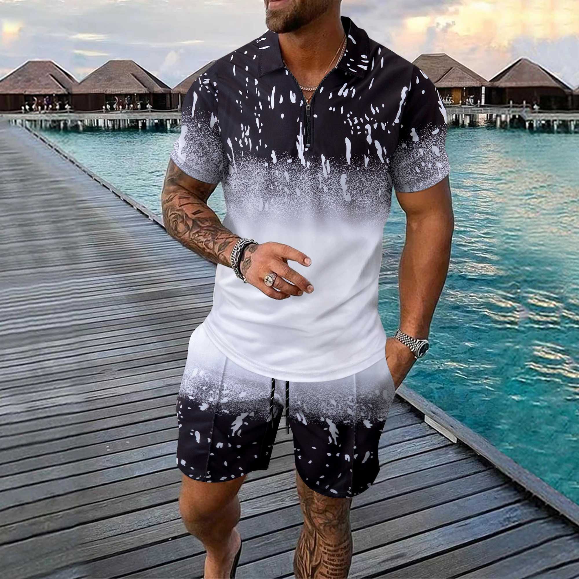 Funny 3D Plaid Print Mens Short Sleeve Sets Fashion Zip Polo Tops +Shorts Outfit Summer Loose T-shirts Suit Casual Men Clothing W250609