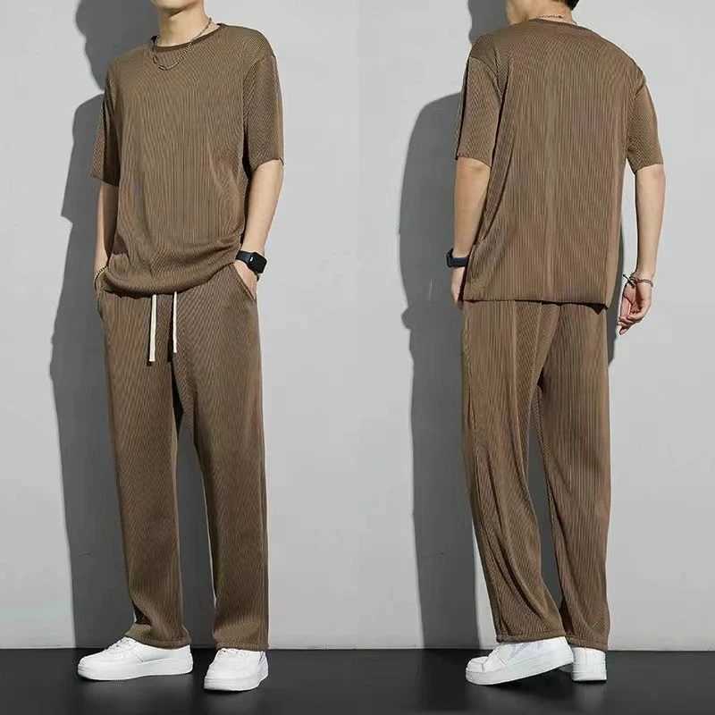 Ice Silk Sports Suit Mens Summer Thin Casual Long Trousers Short-sleeved T-shirt Ins Quick-drying Drooping Clothes Set W250609