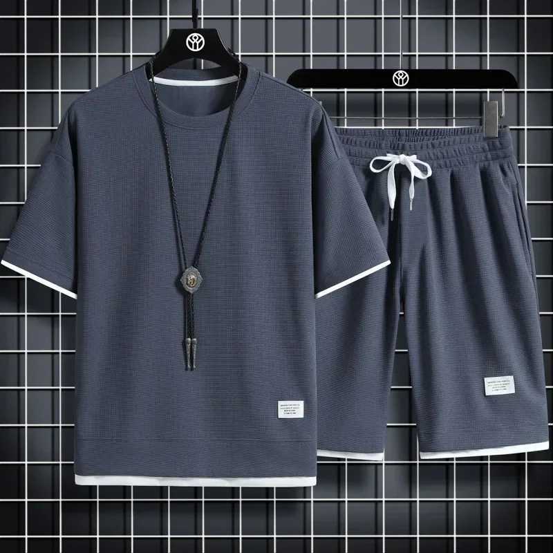 Summer Mens Sports Set Casual T-Shirt And Shorts Set Male Sports Suit Solid Color Tracksuit Loose Suits Size 3XL W250609