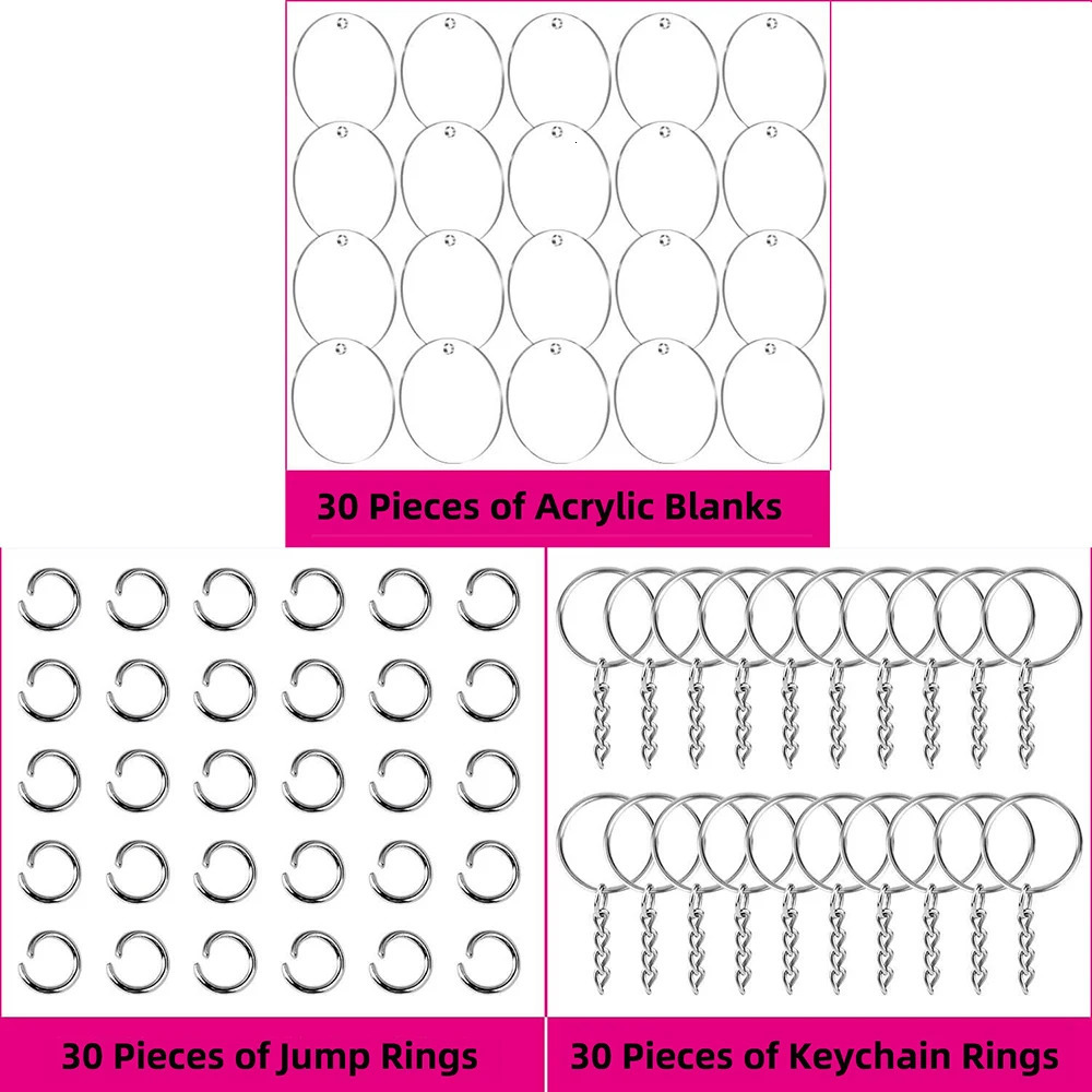 90Pcs Acrylic Keychain Blanks Kit with Key Rings Jump Rings Round Keyring Set DIY Key Rings Craft Supplies 250606