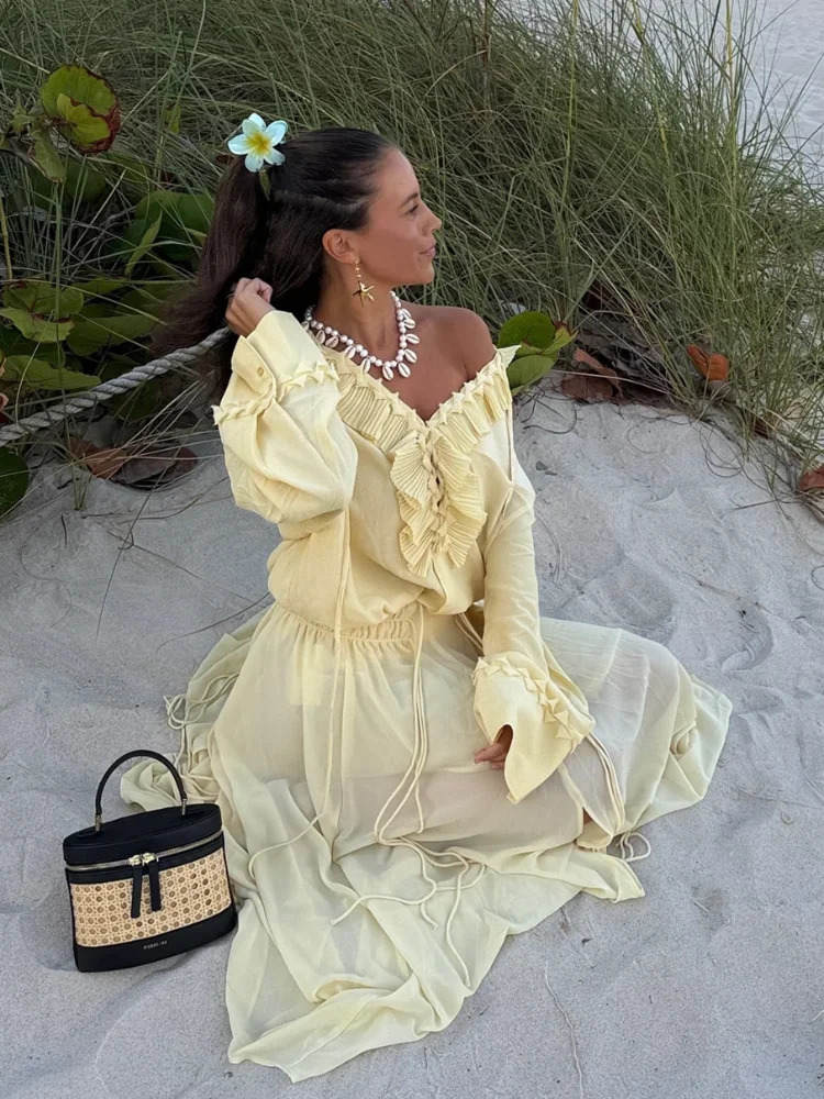 Summer Chiffon Ruffle Long Puff Shirts For Women Elegant Oversize V-neck Blouse 2025 Summer Holiday Chic Beach Street Loose Tops 250605