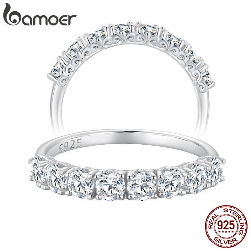 BAMOER Stackable Round Moissanite Ring Iris Lace Band 925 Sterling Silver Half Eternity Ring D Color for Women Engagement Gift