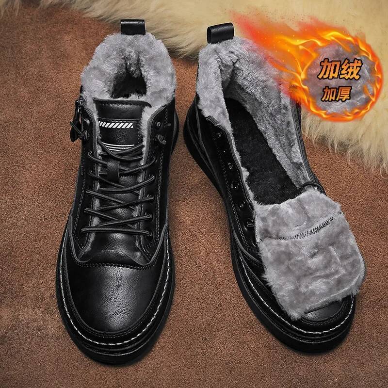 Ddmyoutdoor Leather Men S Boots Winter Platform Warm Fur Ankle Short Lace Up Fashion Novelty Concise Casual Work Shoes Botas Outdoor Shoes
