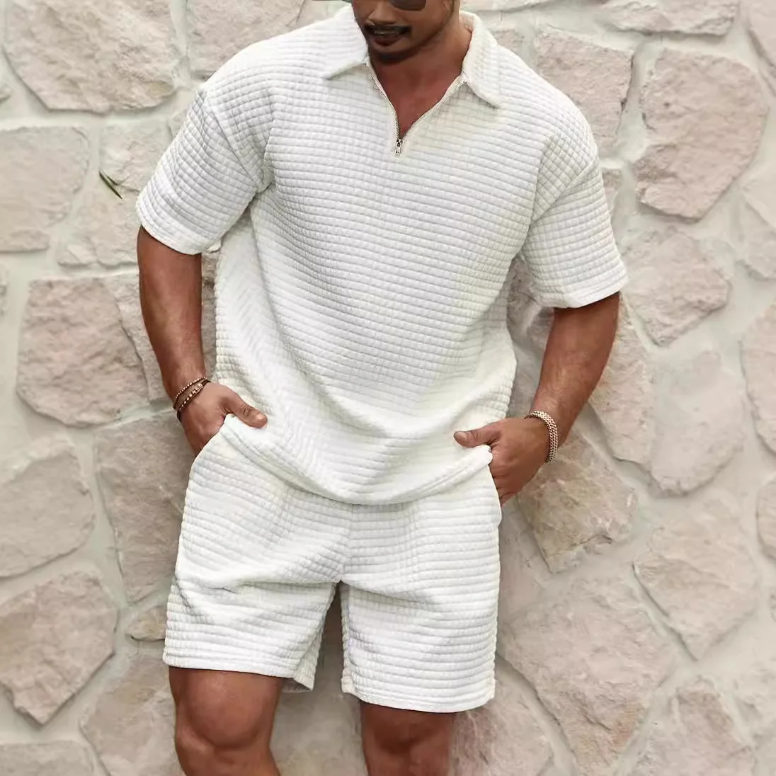 2025 Summer Mens Set Fashionable Style Simple Waffle Color Solid Color Collar Polo Shirt Short Sleeve Shorts Sports Set 250605