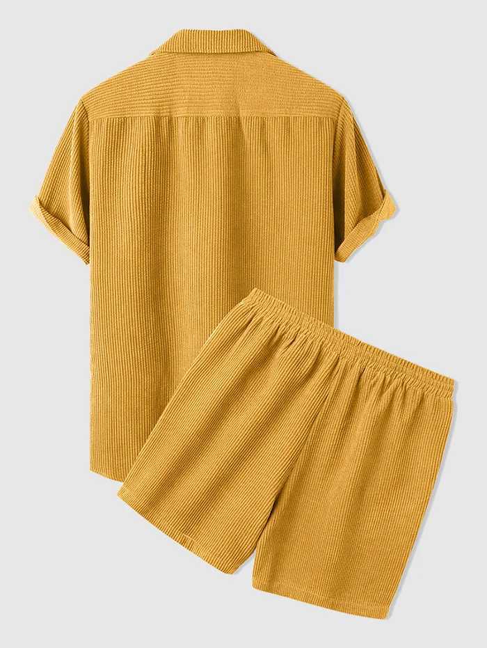 ZAFUL Mens Corduroy Casual Lapel Collar Solid Color Button Summer Short Sleeves Shirt And Shorts Set W250609