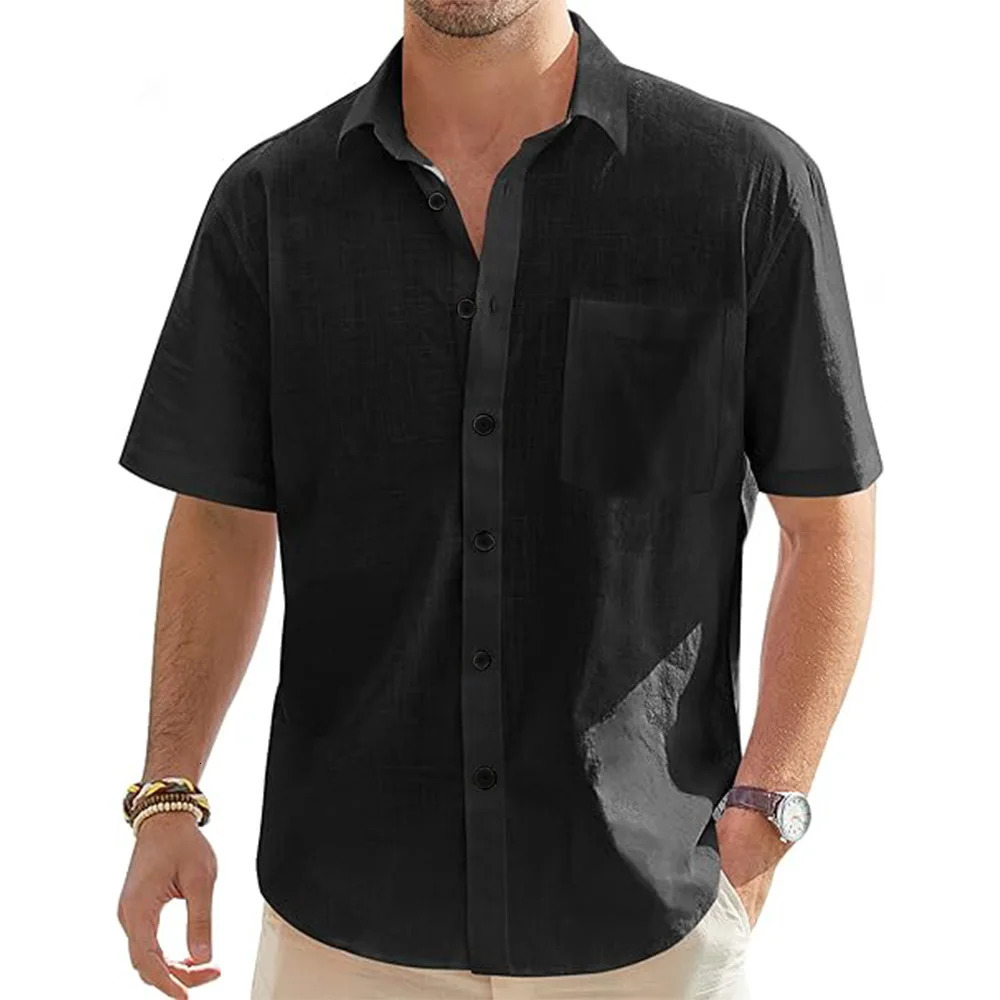 Mens Cotton Linen Short Sleeve Shirts Casual Lightweight Button Shirts Vacation Beach Summer Tops with Pocket 250605