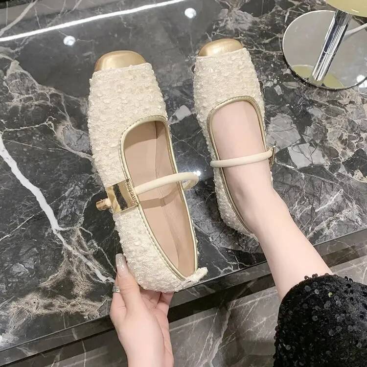 ddmyoutdoor Elegant Fashion Sequin Mary Jane For Women Spring Flat Ankle Strap Woman Comfort Low Heels Single Shoes Outdoor Outdoor Shoes