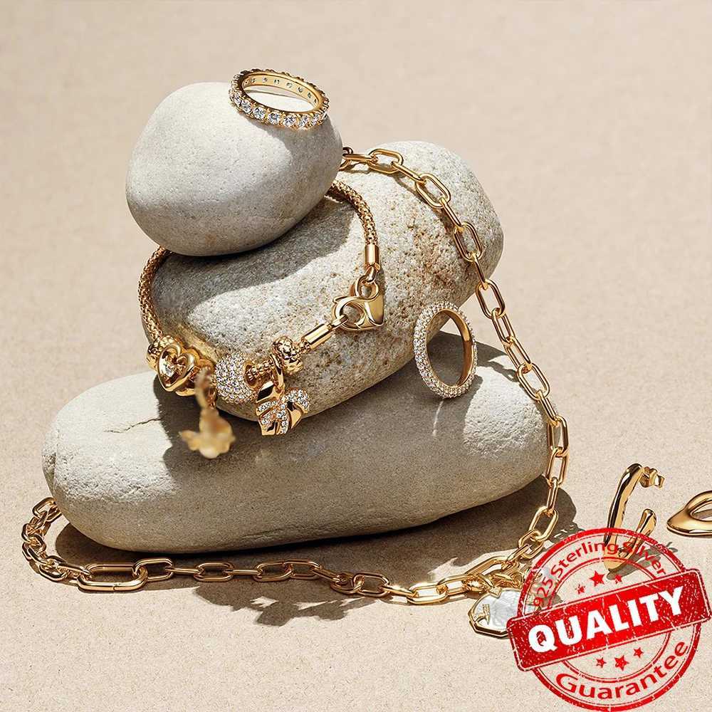 Sparkling Gold Monstera Charm Fits Original Bracelet 925 Sterling Silver Shark Tooth Mini Charm for Girls Party Jewelry XJ250607