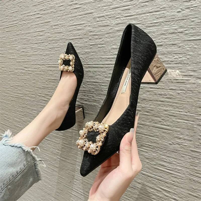ddmyoutdoor High Women Spring New Korean Version Pearl Rhinestones Pointed Toe S Shoes Chunky Heels Pumps Zapatillas Mujer Outdoor Outdoor Shoes