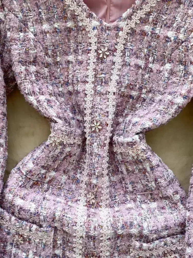 Small Fragrant Long Sleeve Feathers Splice Plaid Lavender Tweed Dresses Women V Neck Zipper Woolen Pocket Party Mini Vestidos 250603
