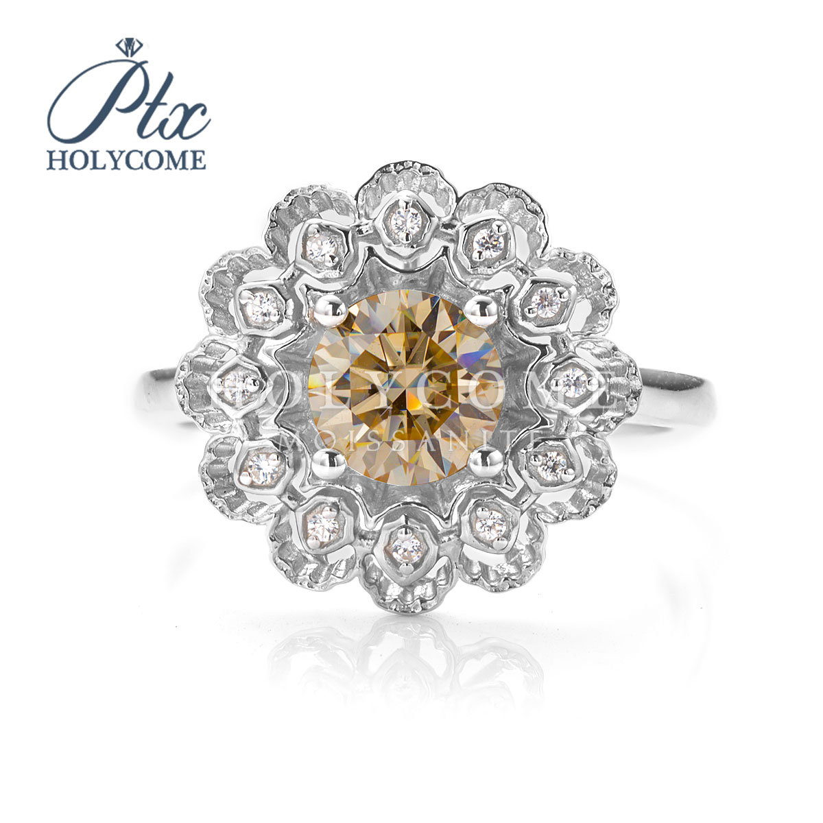 Women's 925 Sterling Silver Wedding Ring 1CT Champagne Moissanite Round Ice Flower Cut Party Gift Engagement Fashion Cluster Ring