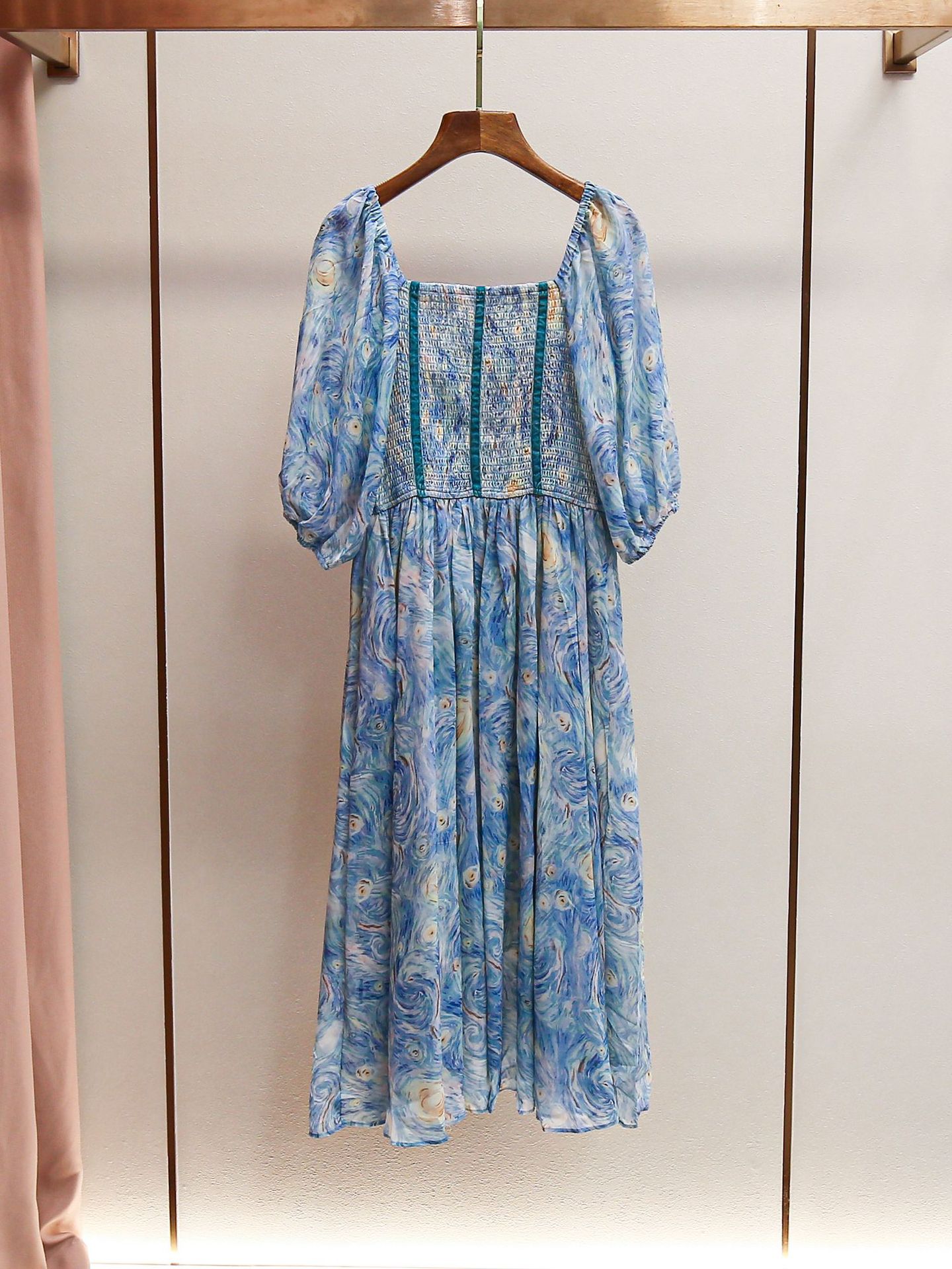 XR170 French elegant retro holiday style square neck waist print long dress