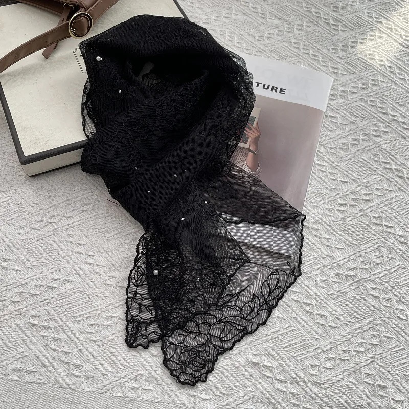 Lace Silk Scarf Womens Spring and Summer Ins Retro Korean Version Decoration Versatile Long Fashion Temperament Small 250604