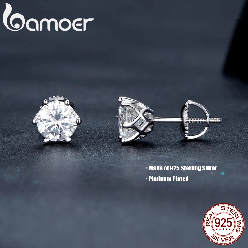 BAMOER Classic Moissanite Stud Earrings, S925 Silver D Color Brilliant Round Cut Lab Created Diamond Wedding 18k Gold Earrings Gift Women Man Romantic