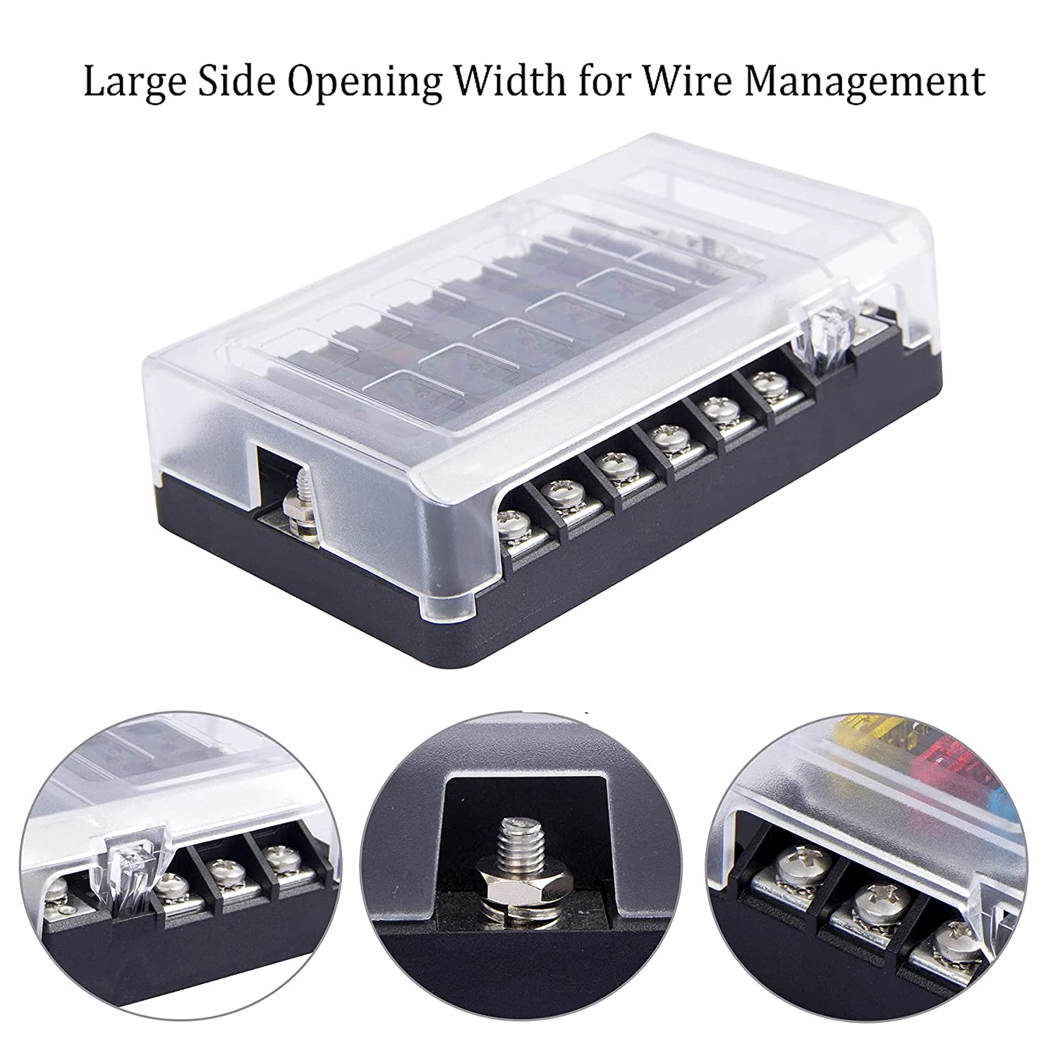 6-way and 12 way fuse holders with fuses, waterproof covers, and LED indicator lights, suitable for 12V/24V cars, trucks, ships, etc