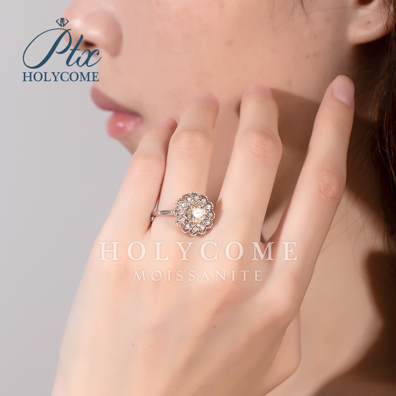 Women's 925 Sterling Silver Wedding Ring 1CT Champagne Moissanite Round Ice Flower Cut Party Gift Engagement Fashion Cluster Ring