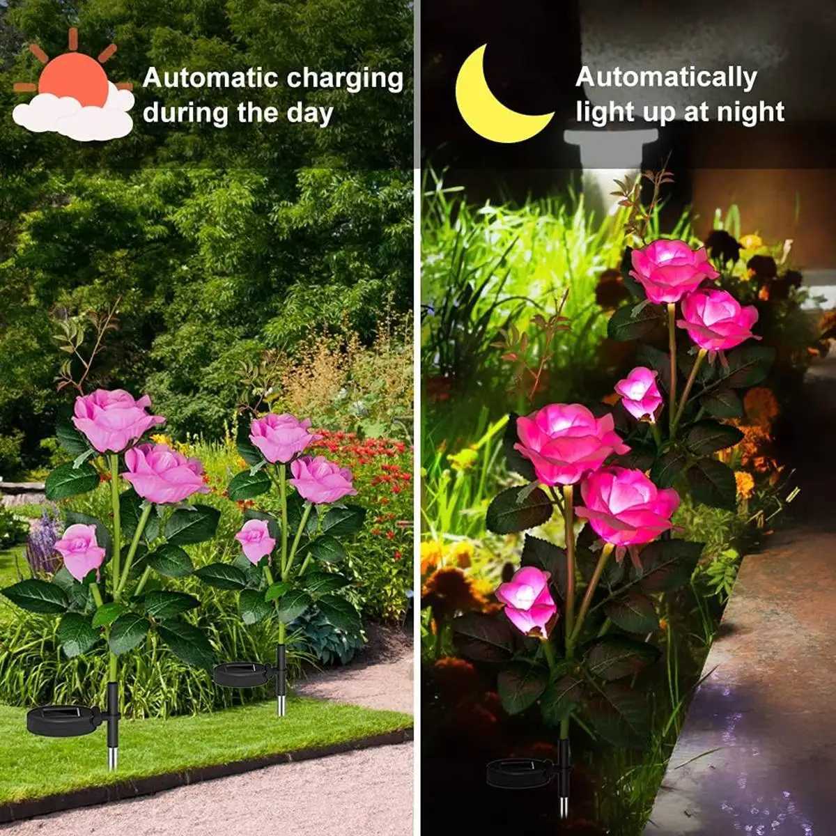1pcs Outdoor Waterproof Solar Rose Lights with 3 Realistic Lighted Flower Heads Garden Decorative Lamp For Home Patio Decoration XJ250606