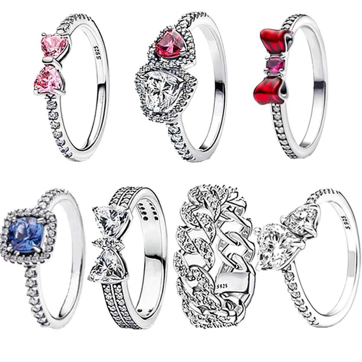 925 Sterling Silver Red Pink Heart Bow Sun Moon Colorful Crystal Ring for Women Valentines Birthday Gift DIY Jewelry XJ250707