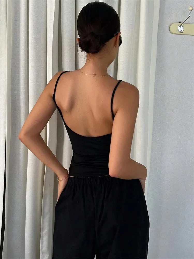 Women Backless Cami Crop Top Summer Solid Color Casual Sleeveless Streetwear Y2K Clothes 250527