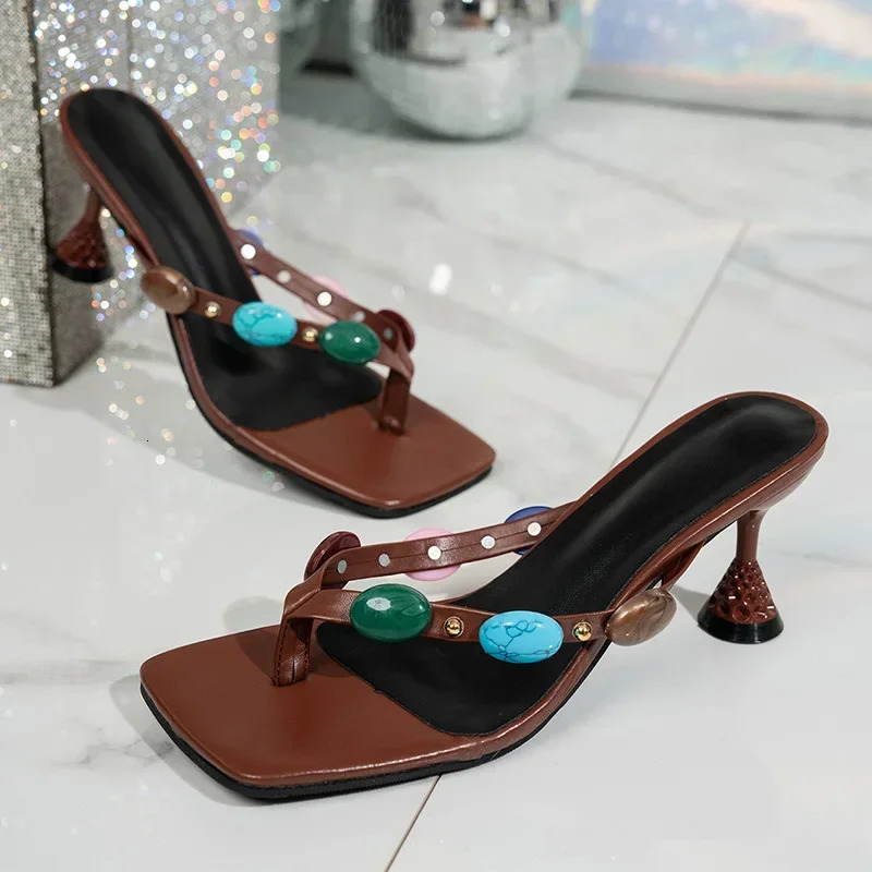 Large Jewel Decor High Heels Sandals for Women Fashion Party Square Toe Flip-Flops Brown Strange Heeled Party Shoes 250605