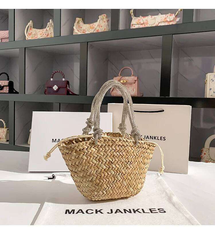 Glitter Shiny Rhinestones Dias Handle Handbag Straw Woven Handmade Bucket Women Clutch Purse Holiday Vacation Beach Bag